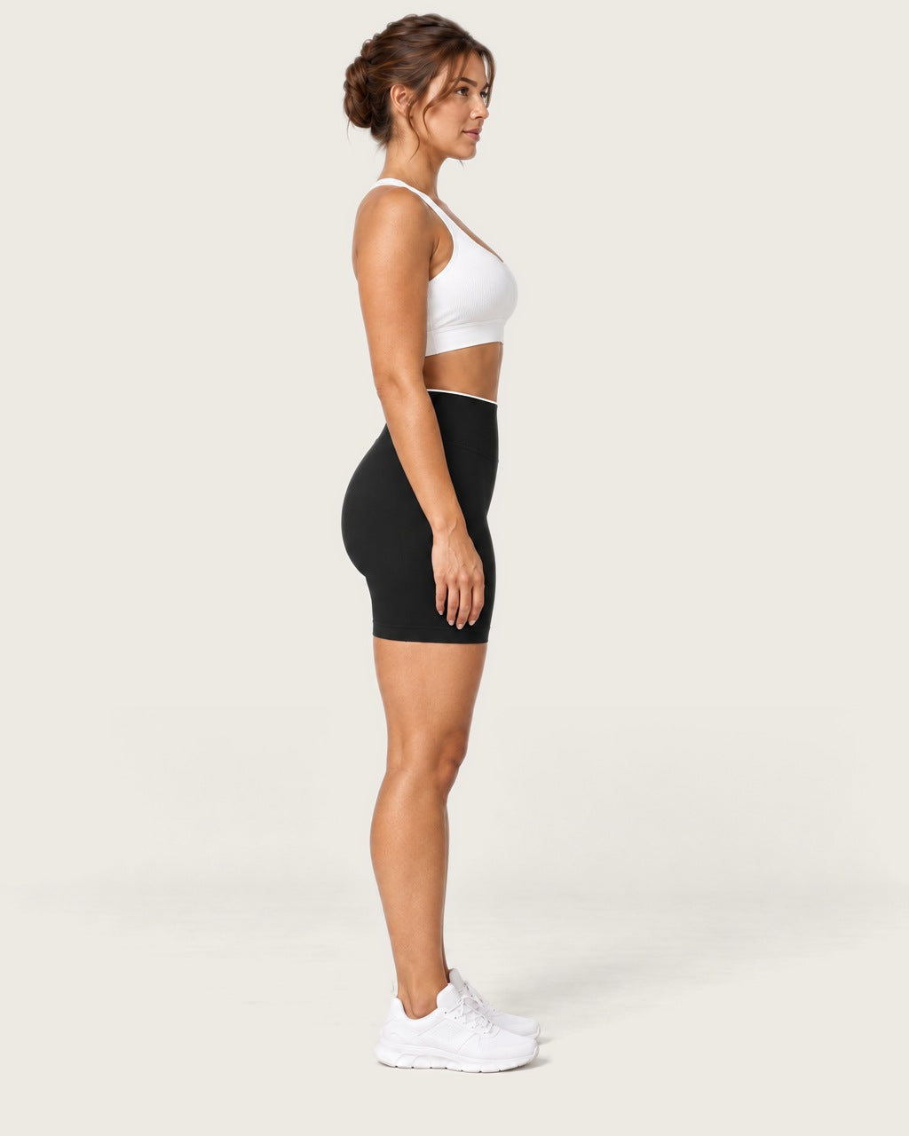 ROMY Form Contrast Waist Shorts in Black — side profile