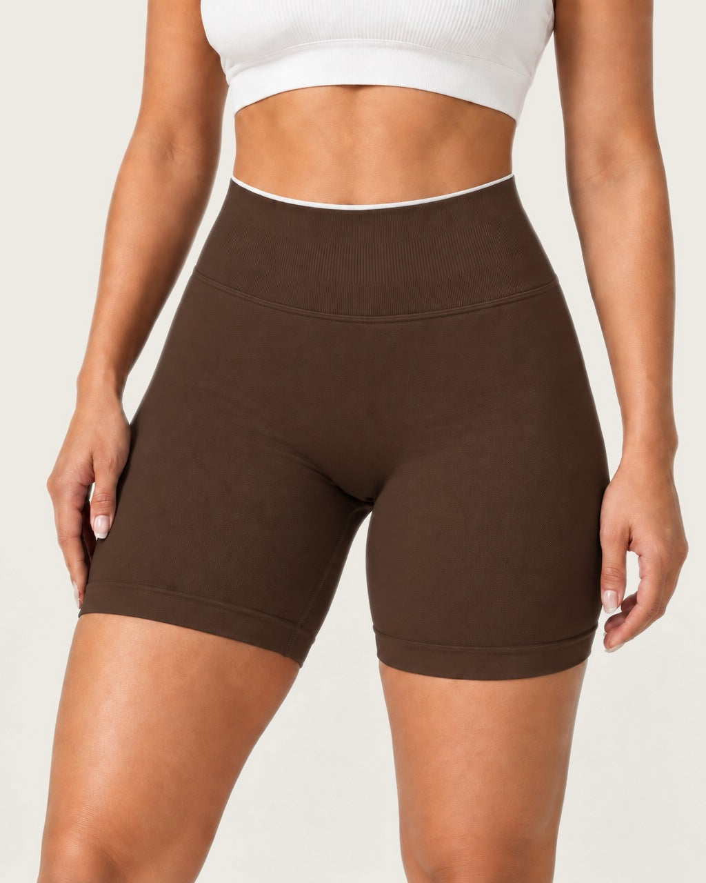 ROMY Form Contrast Waist Shorts in Espresso — product view