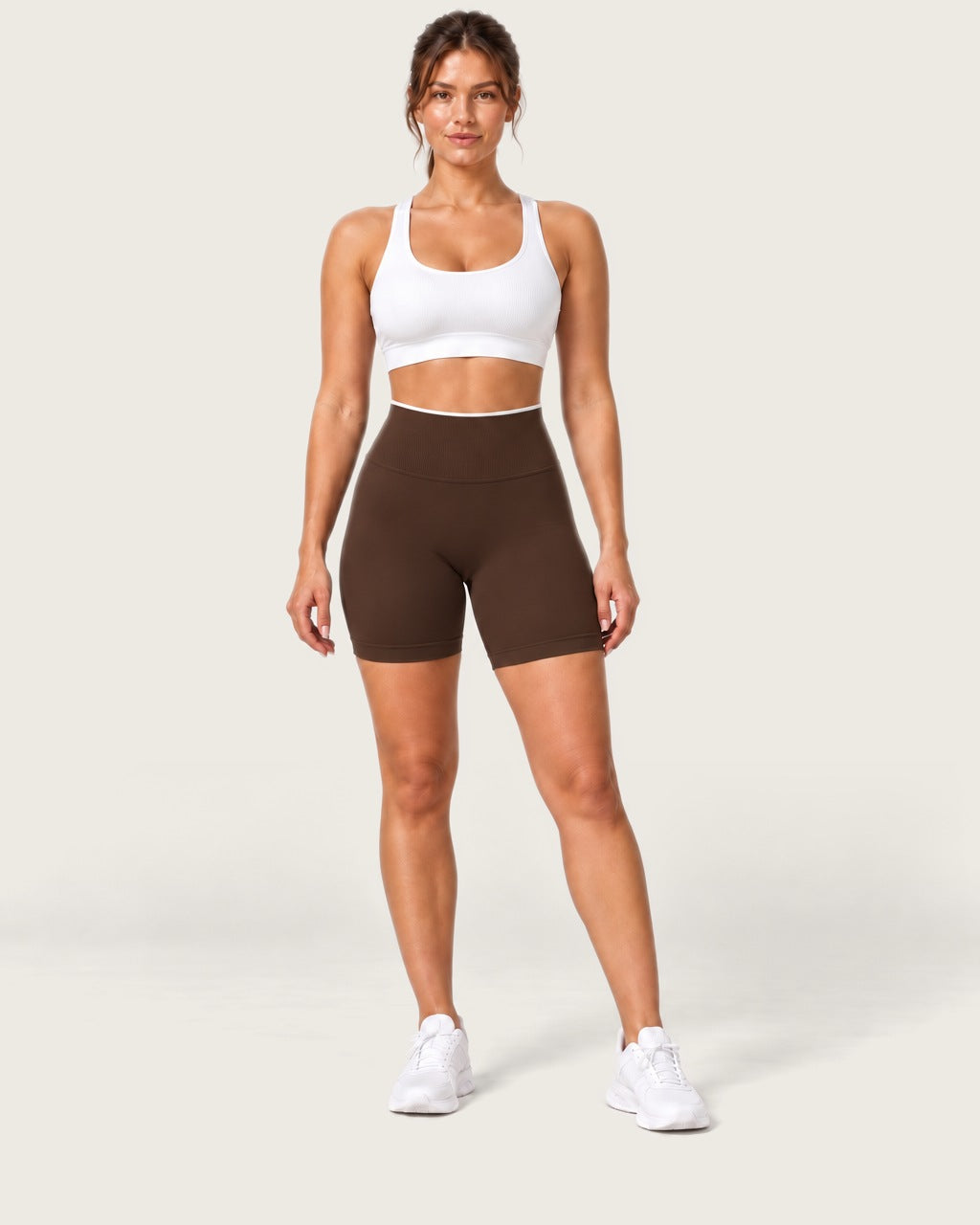 ROMY Form Contrast Waist Shorts in Espresso — front view