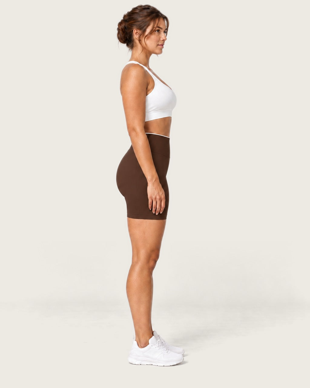 ROMY Form Contrast Waist Shorts in Espresso — side profile