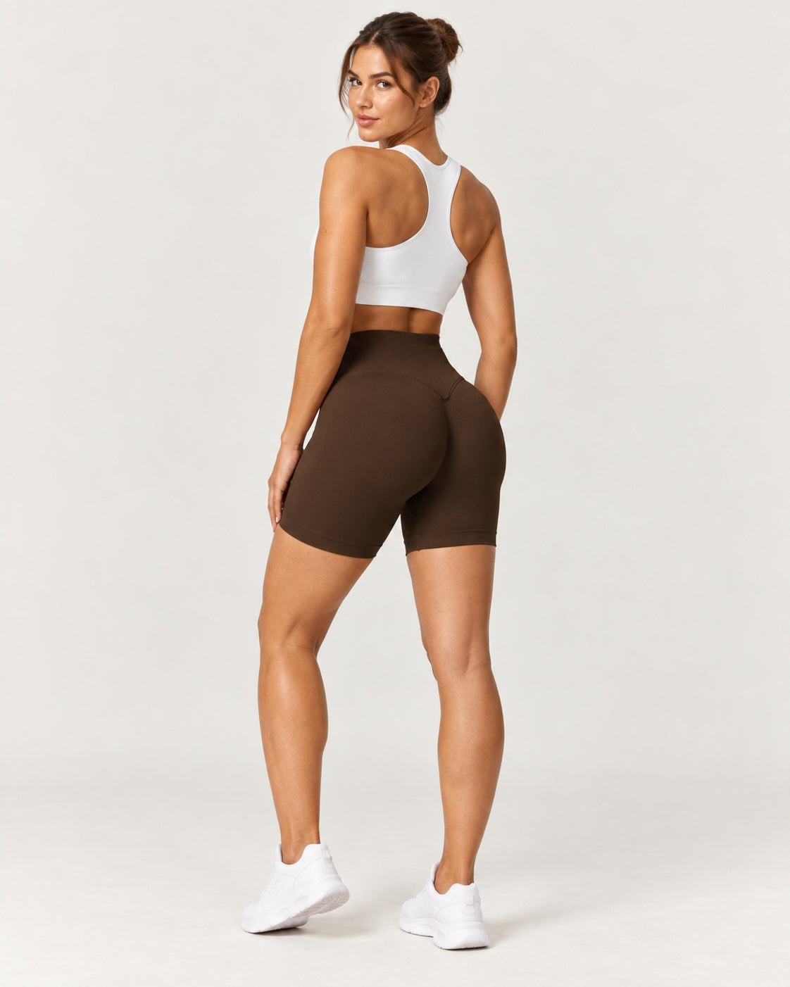 ROMY Form Seamless Shorts in Espresso — three-quarter back view