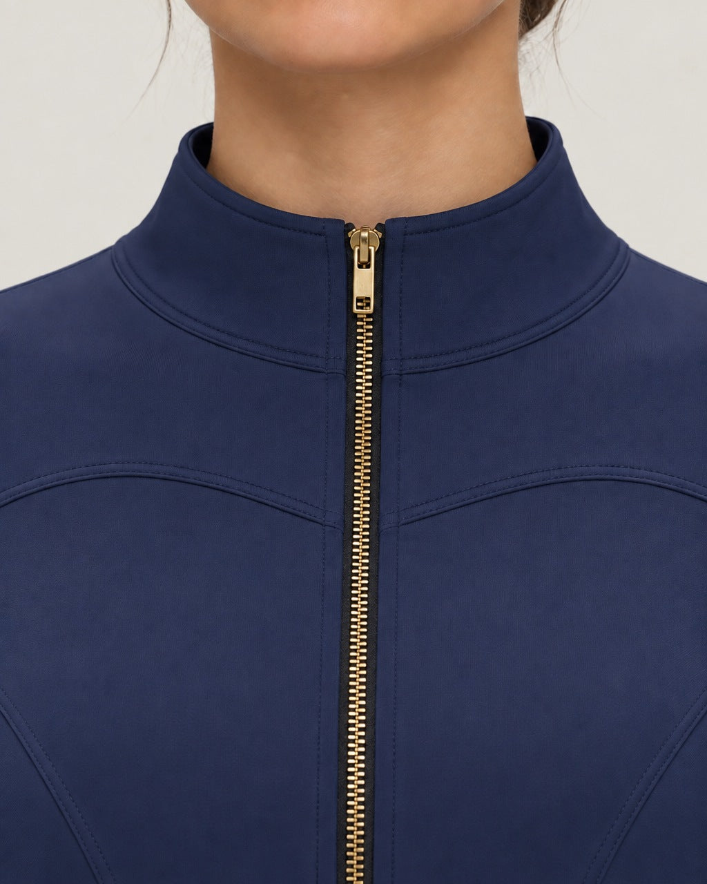 ROMY Layer Fitted Zip Jacket in Navy — close-up detail