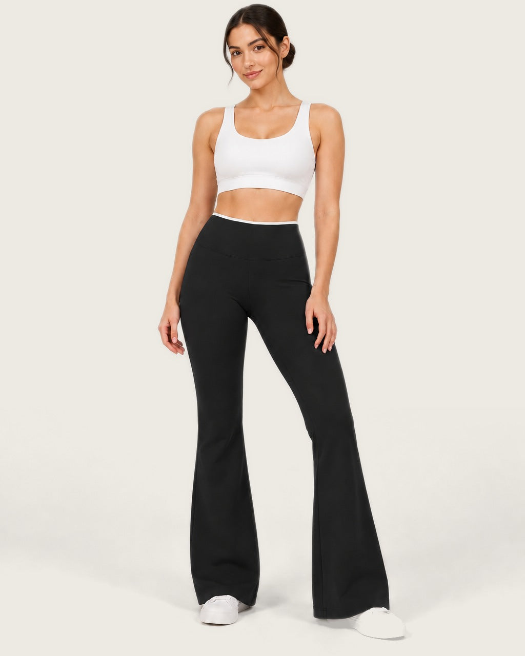 ROMY Sculpt Contrast Waist Flare Pant in Black — front view