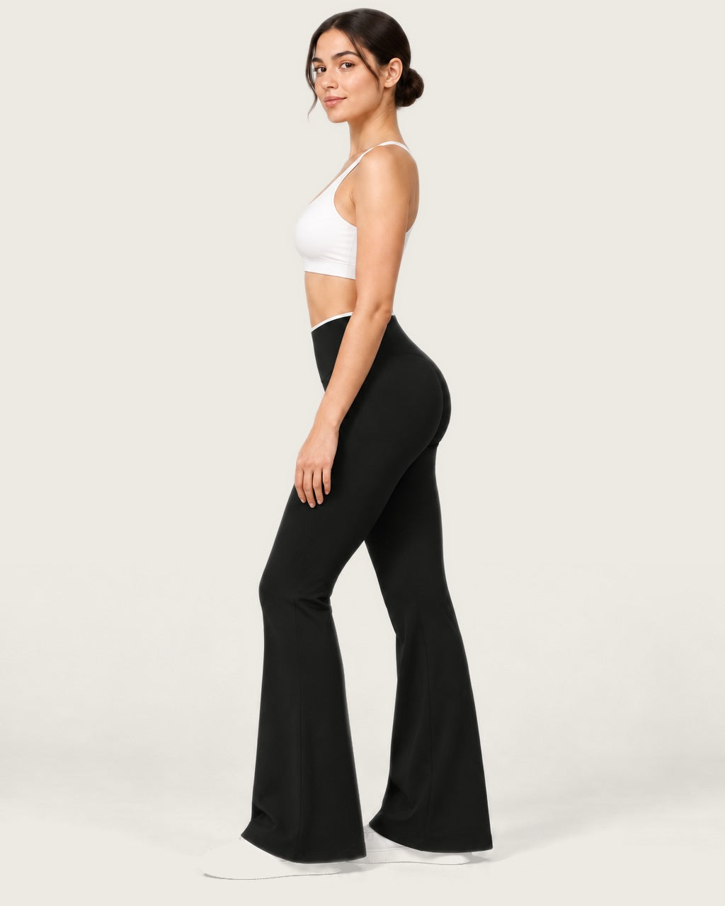 ROMY Sculpt Contrast Waist Flare Pant in Black — side profile