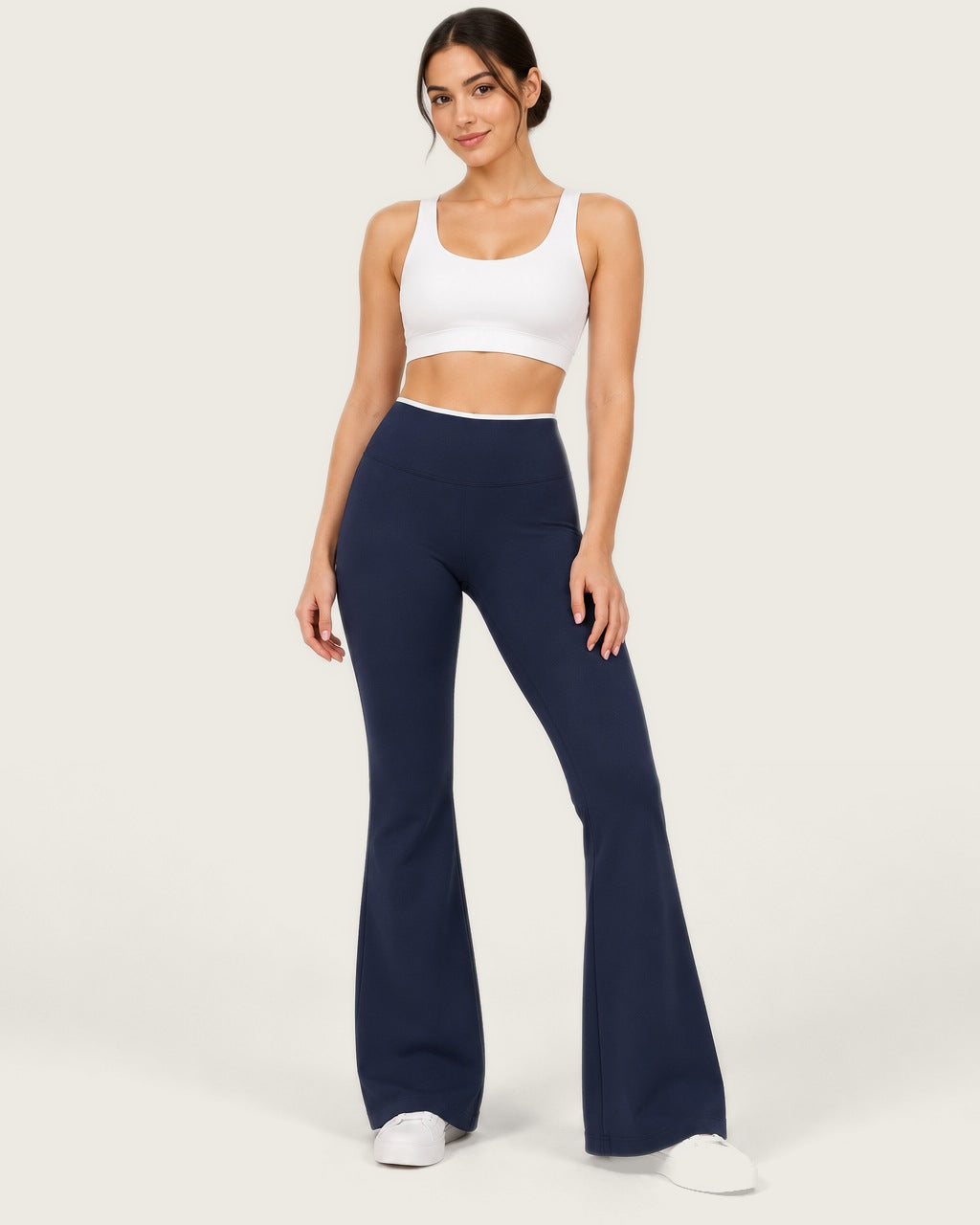 ROMY Sculpt Contrast Waist Flare Pant in Navy — front view