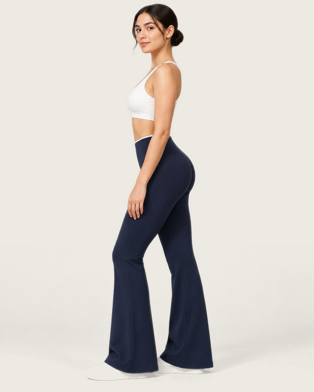 ROMY Sculpt Contrast Waist Flare Pant in Navy — side profile