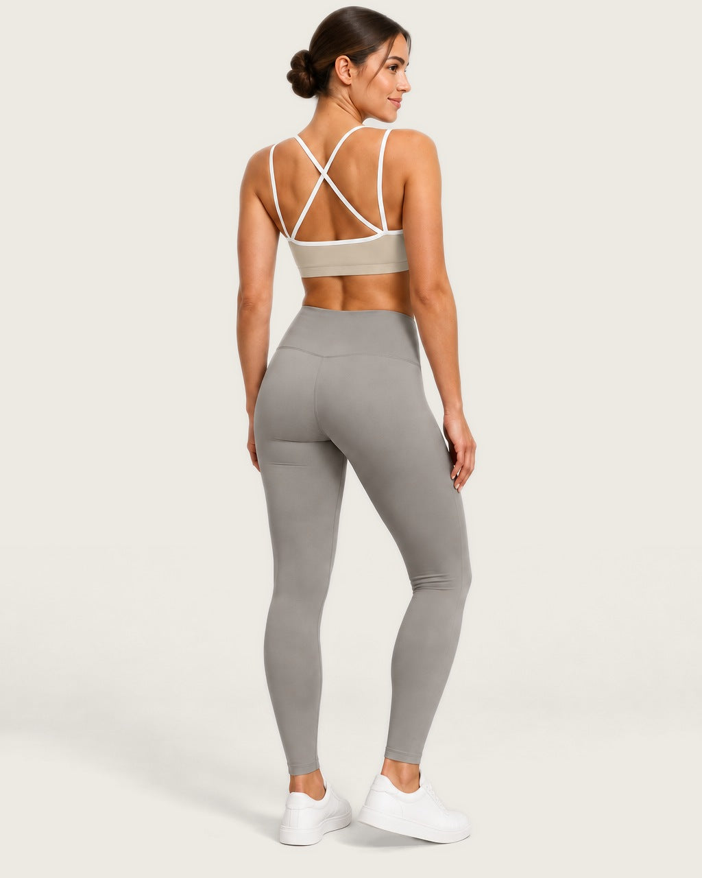 ROMY Sculpt Criss Cross Sports Bra in Oat — three-quarter back view