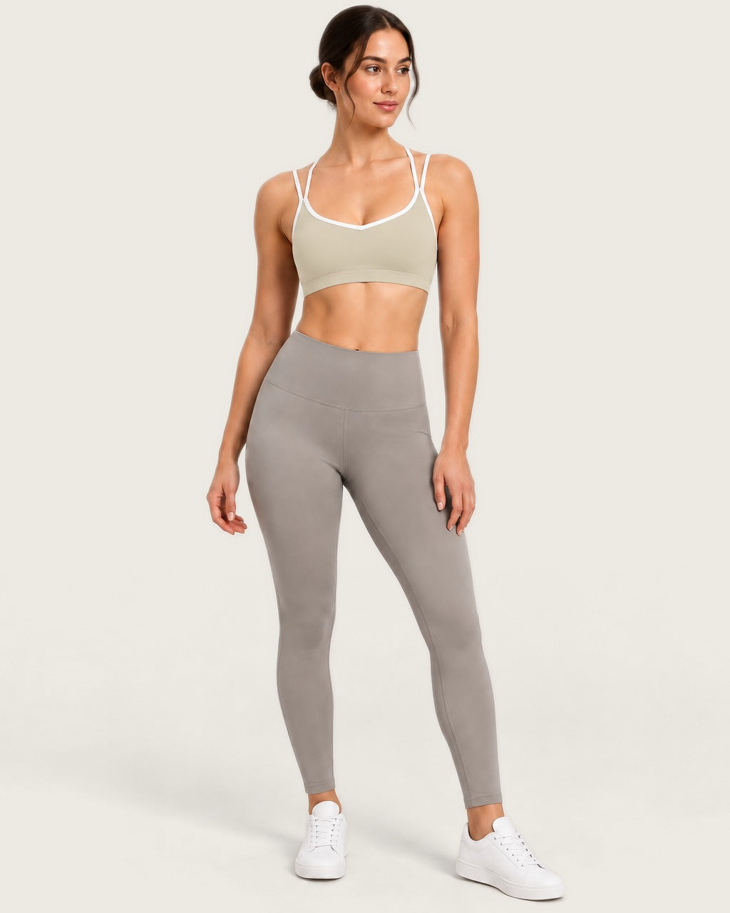 ROMY Sculpt Criss Cross Sports Bra in Oat — front view