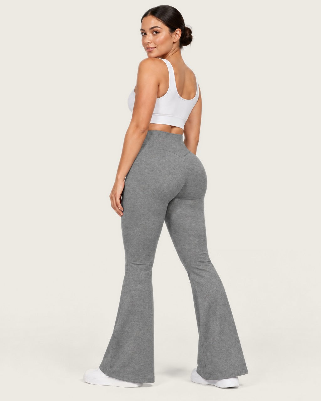 ROMY Sculpt Flare Pant in Heather Grey — three-quarter back view