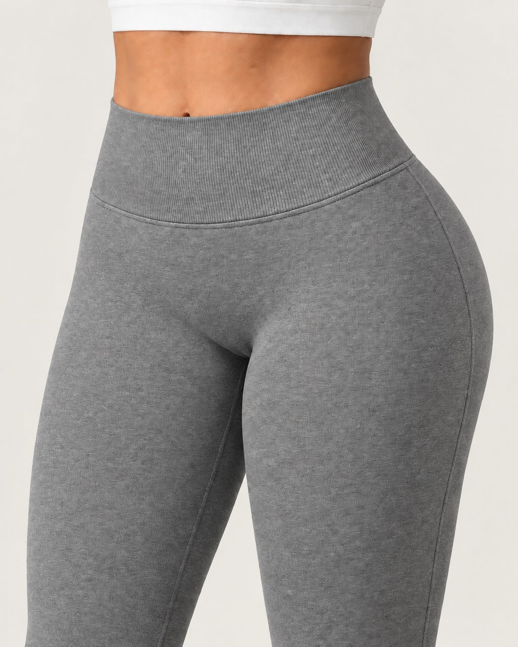 ROMY Sculpt Flare Pant in Heather Grey — close-up of waistband and fabric