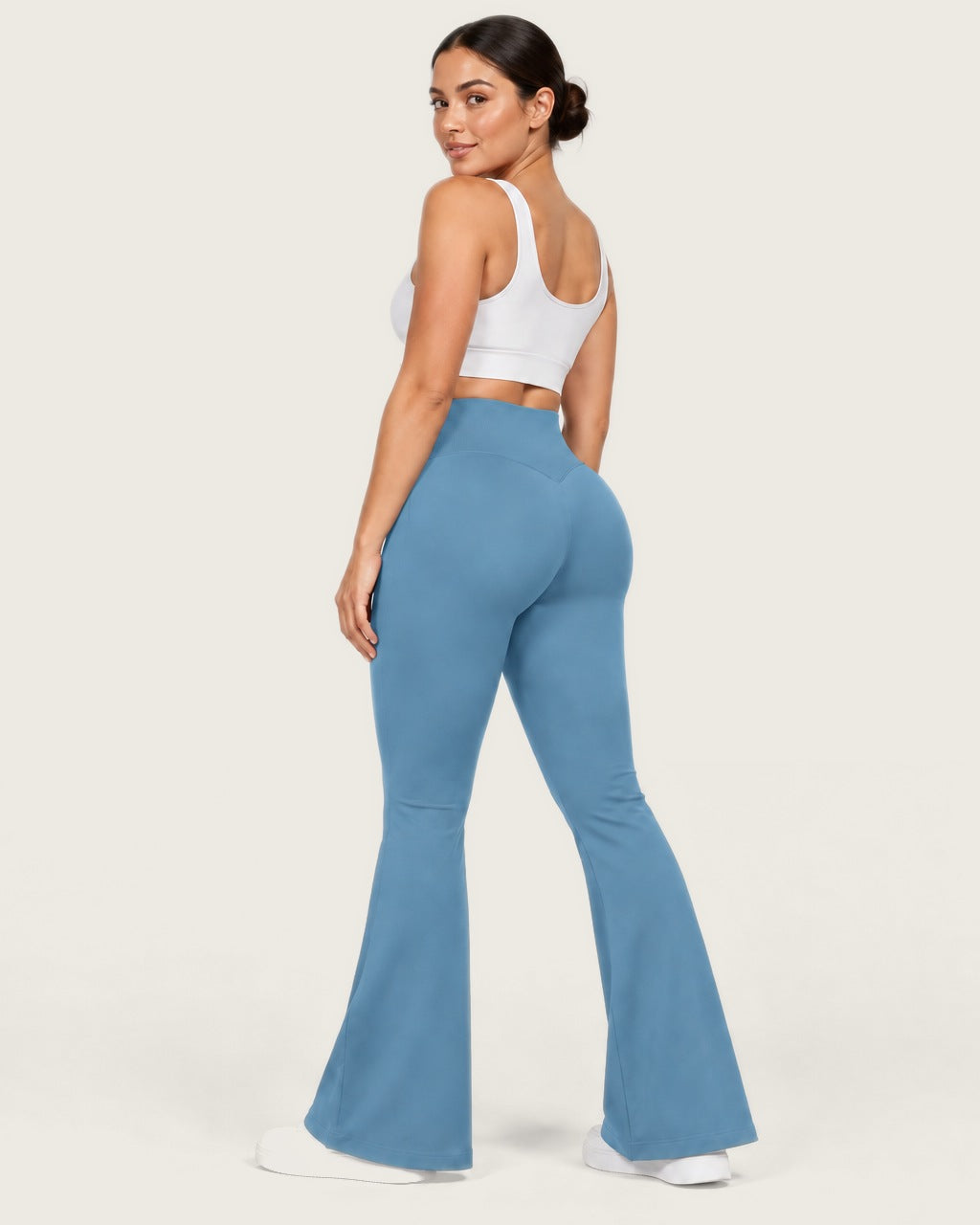 ROMY Sculpt Flare Pant in Horizon — three-quarter back view