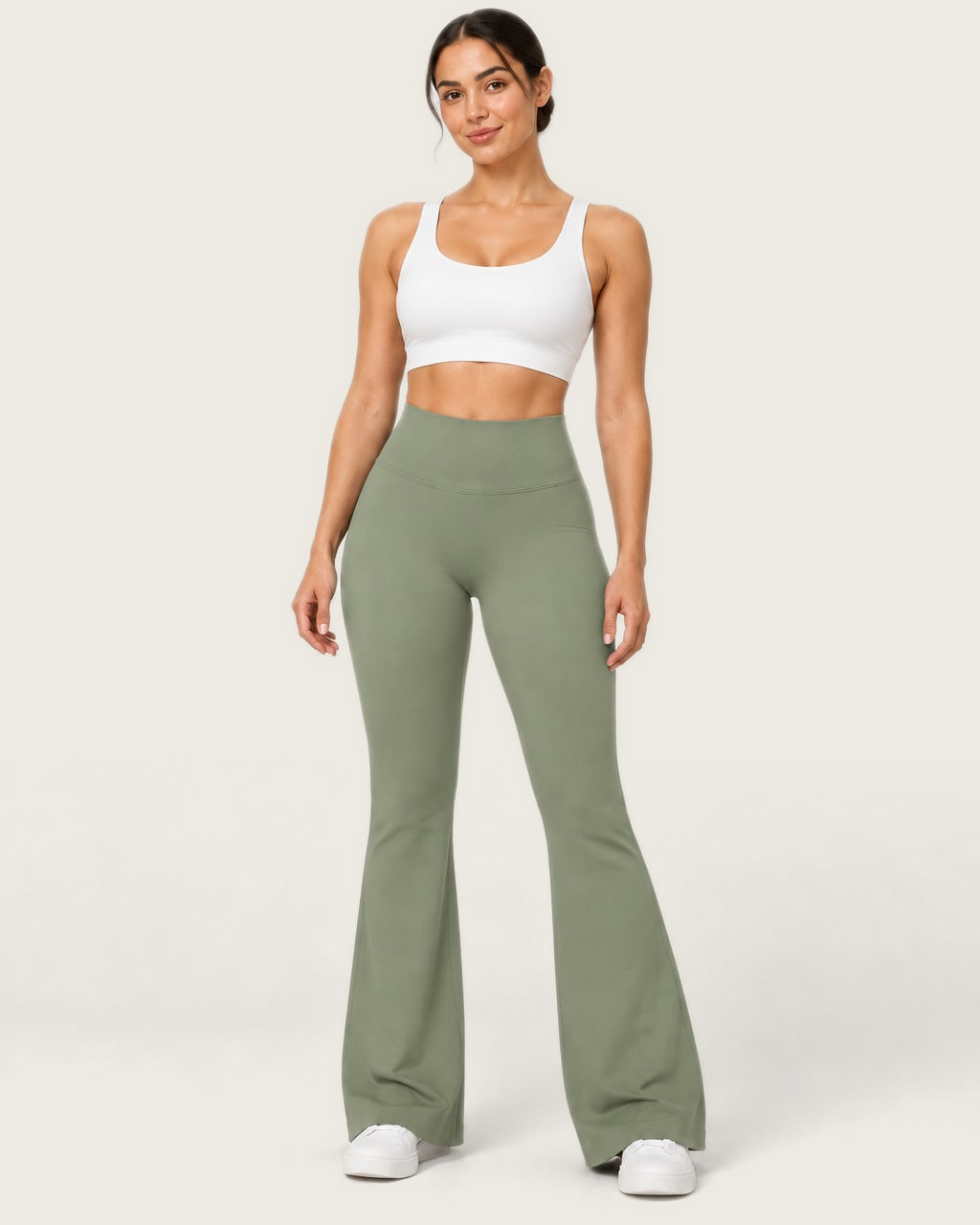 ROMY Sculpt Flare Pant in Sage — front view