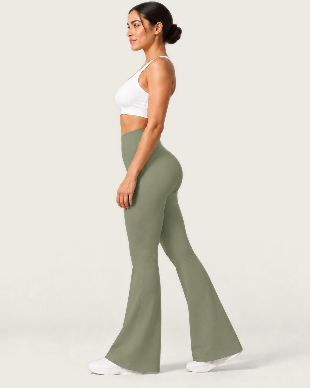 ROMY Sculpt Flare Pant in Sage — side profile