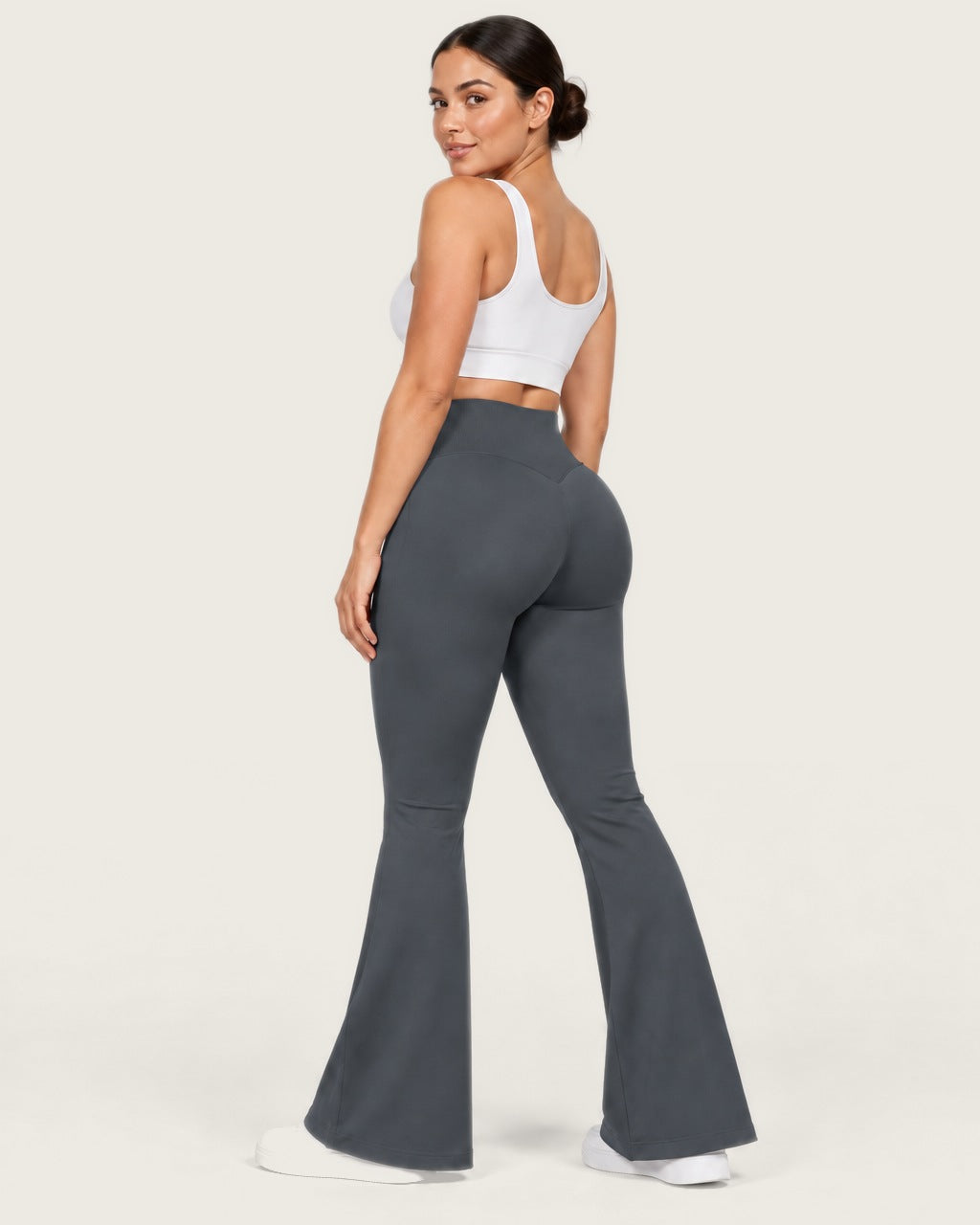 ROMY Sculpt Flare Pant in Slate — three-quarter back view