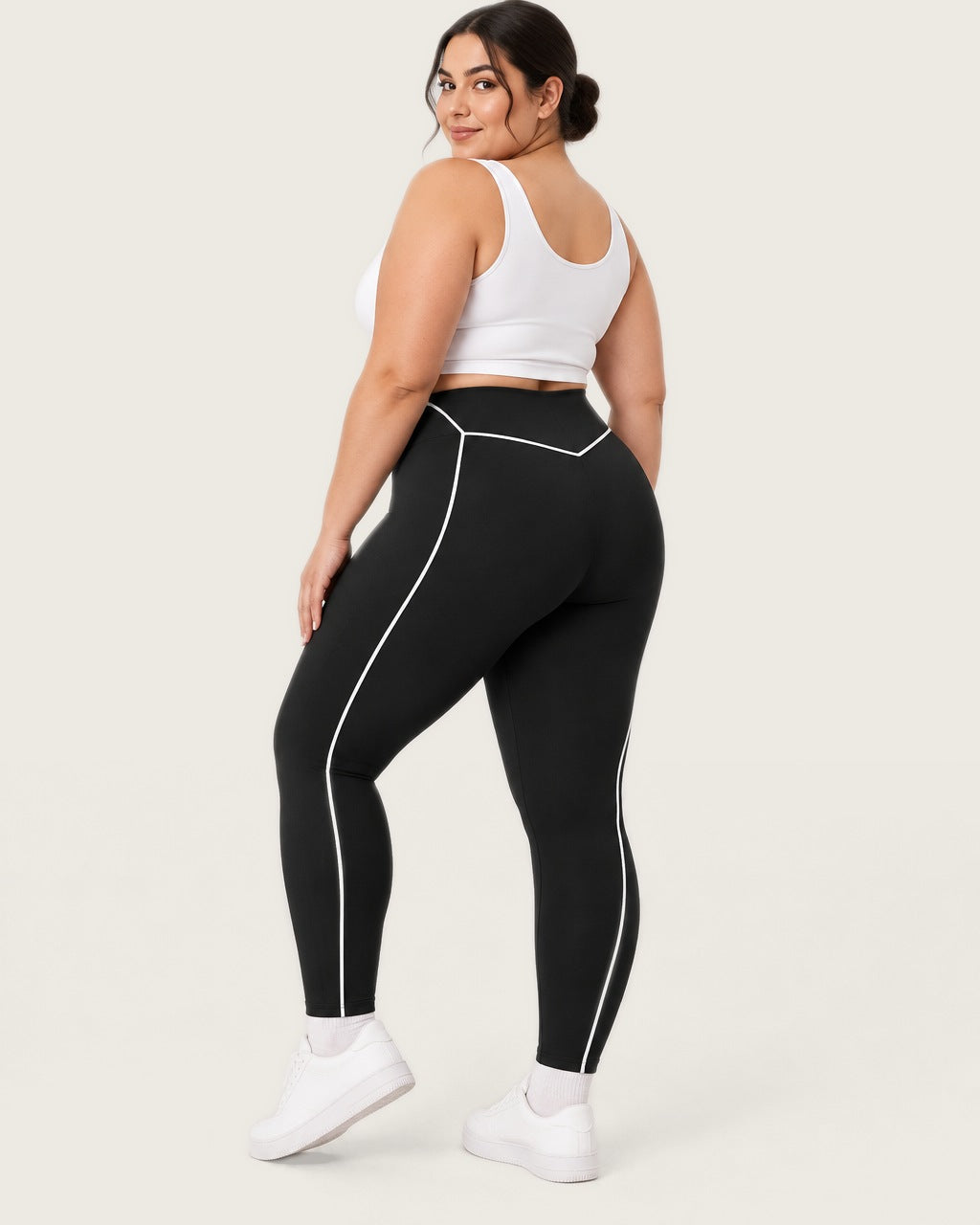 ROMY Sculpt Plus Contrast Piping Legging in Black — three-quarter back view