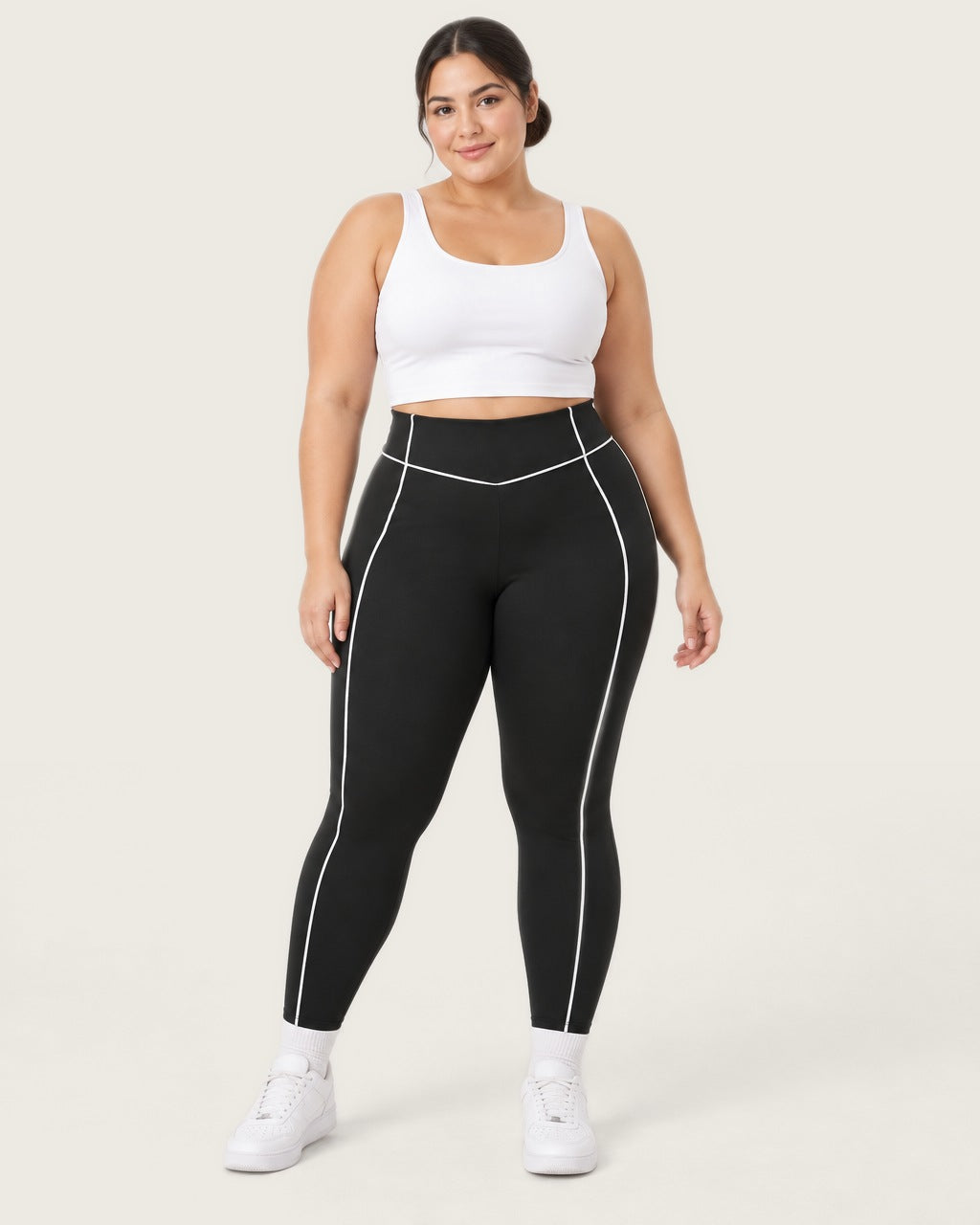 ROMY Sculpt Plus Contrast Piping Legging in Black — front view