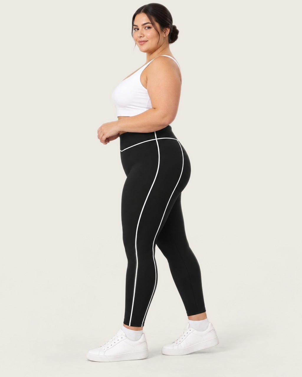 ROMY Sculpt Plus Contrast Piping Legging in Black — side profile