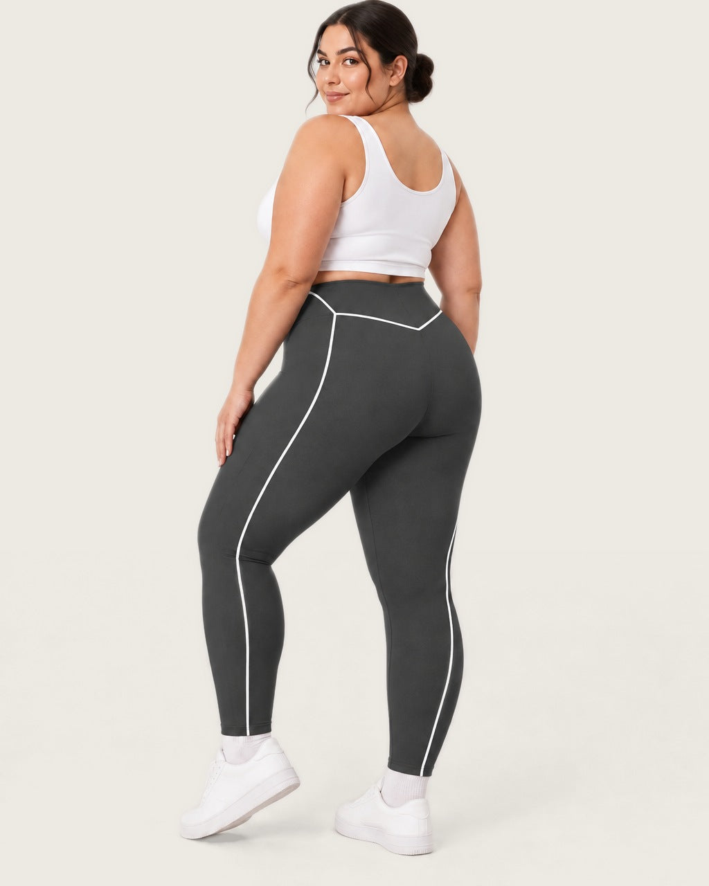 ROMY Sculpt Plus Contrast Piping Legging in Charcoal — three-quarter back view