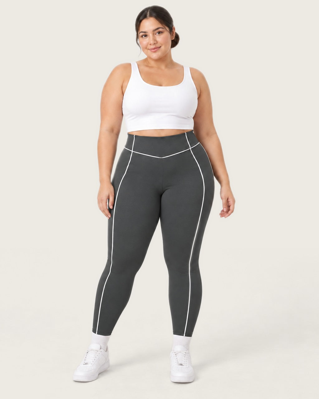 ROMY Sculpt Plus Contrast Piping Legging in Charcoal — front view