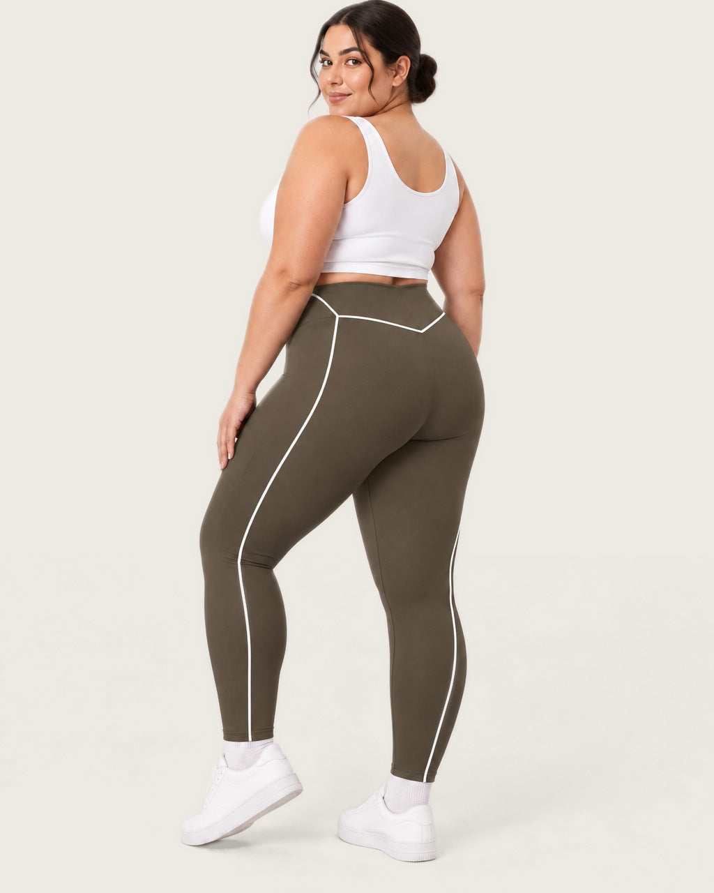 ROMY Sculpt Plus Contrast Piping Legging in Khaki — three-quarter back view