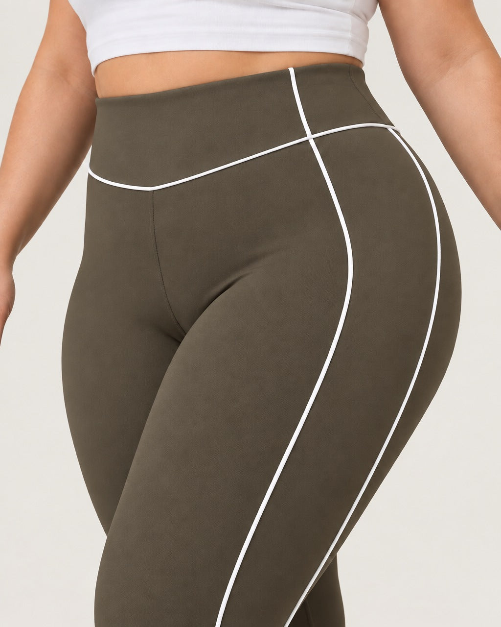 ROMY Sculpt Plus Contrast Piping Legging in Khaki — close-up of waistband and fabric