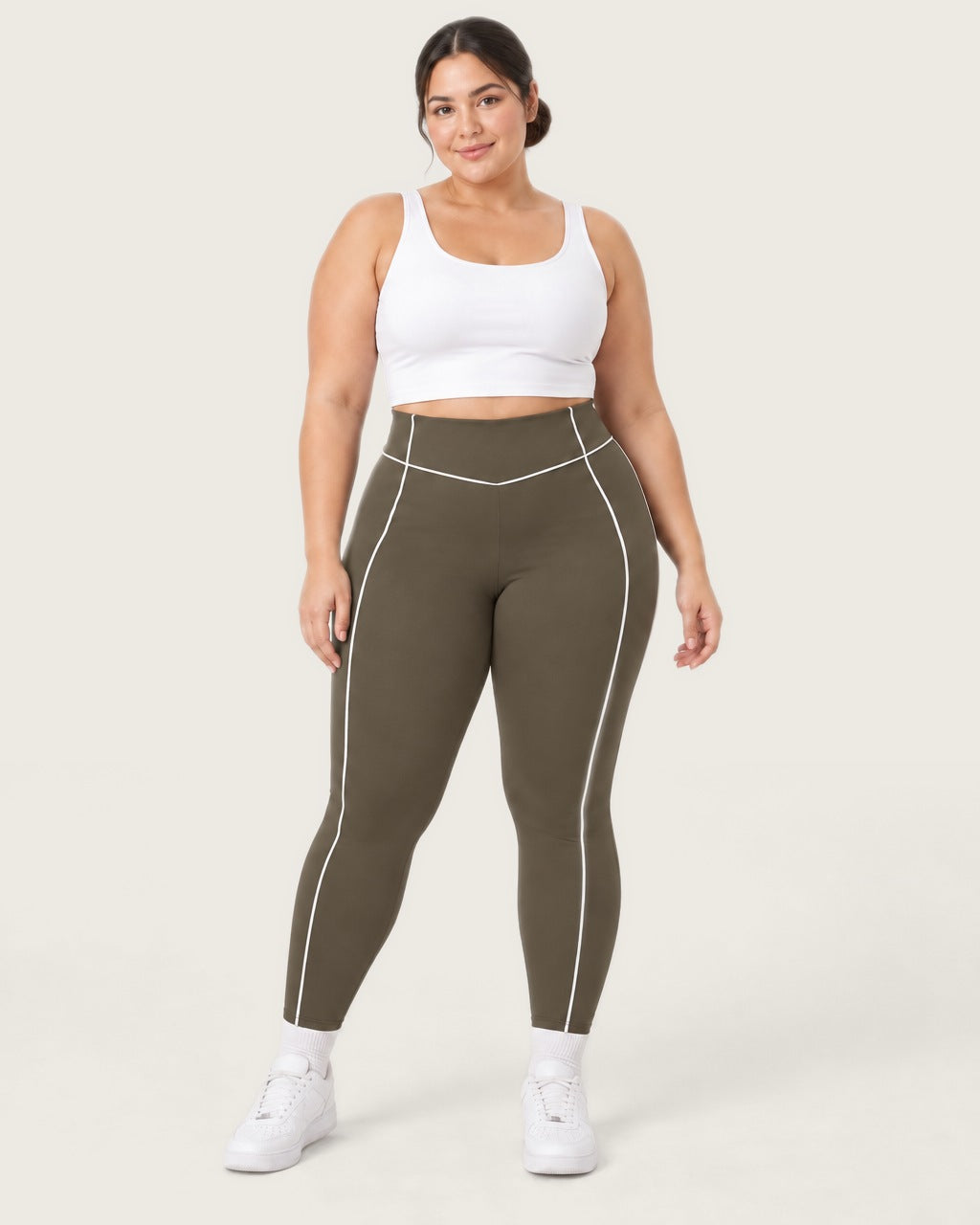 ROMY Sculpt Plus Contrast Piping Legging in Khaki — front view