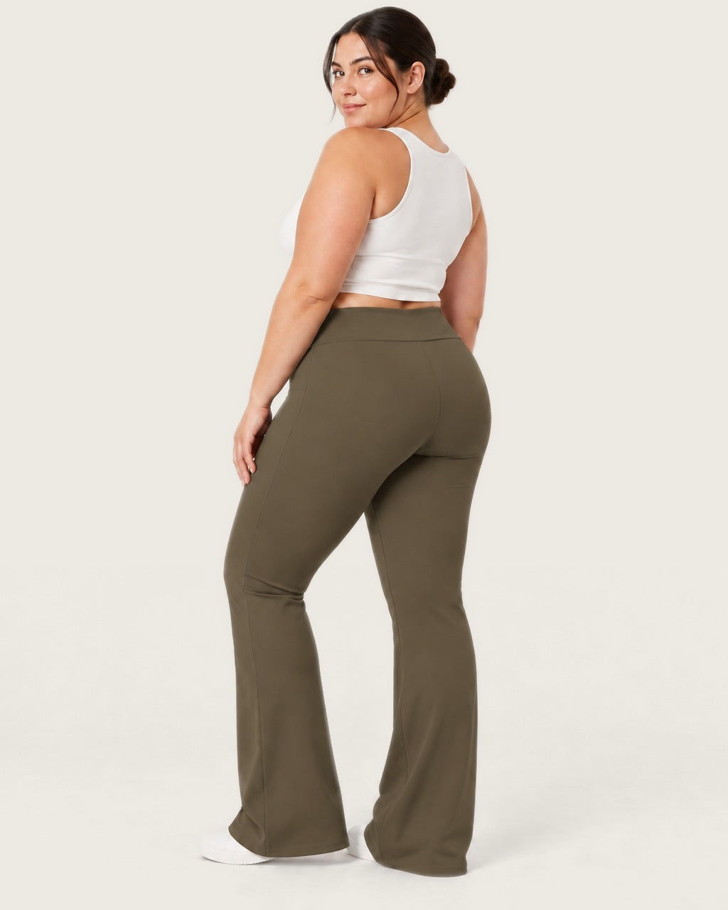 ROMY Sculpt Plus Flare Pant in Khaki — three-quarter back view