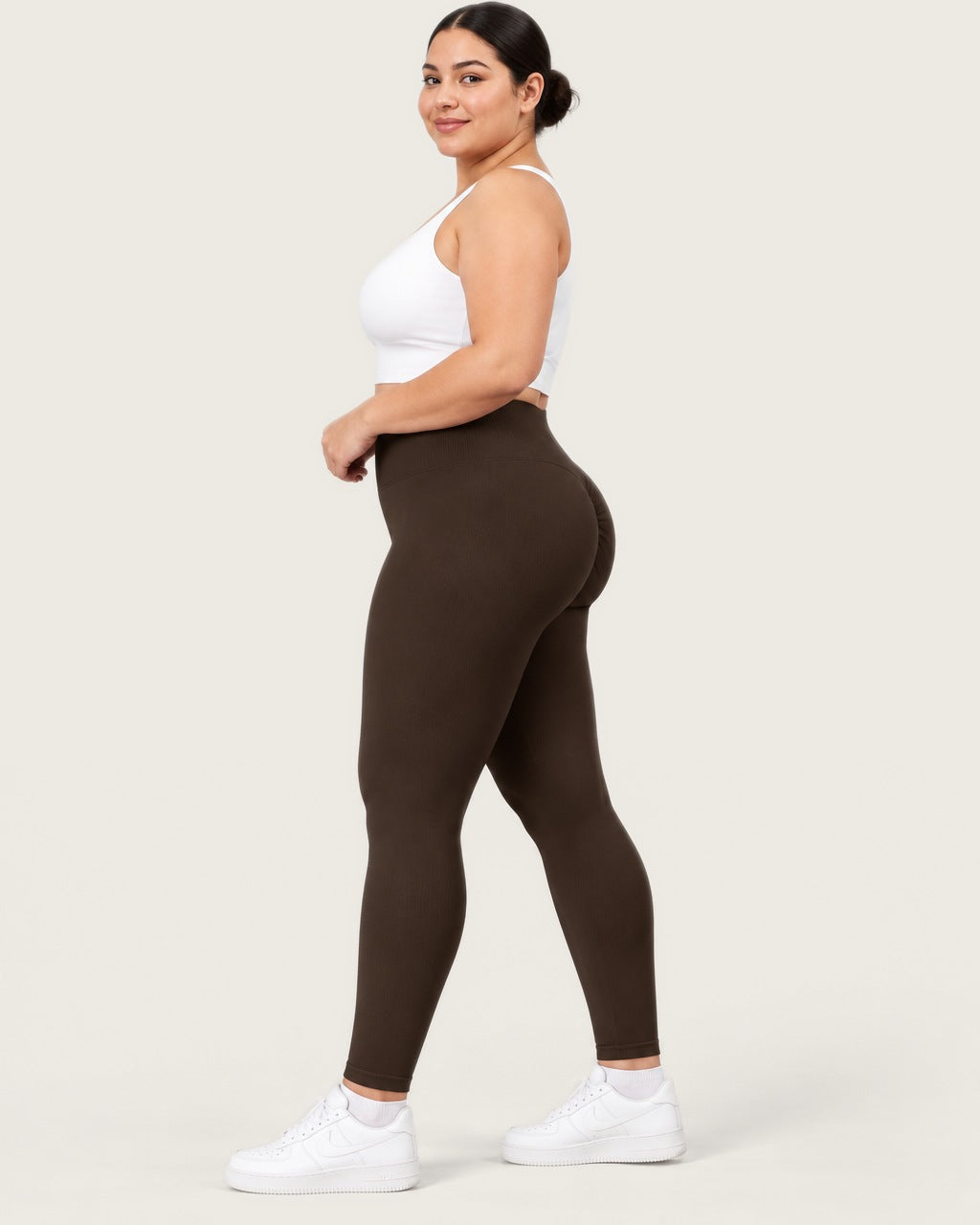 ROMY Sculpt Plus Ruched Legging in Espresso — side profile