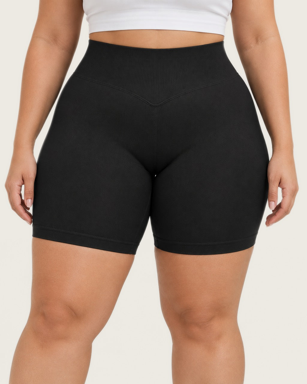 ROMY Sculpt Plus Ruched Shorts in Black — product view