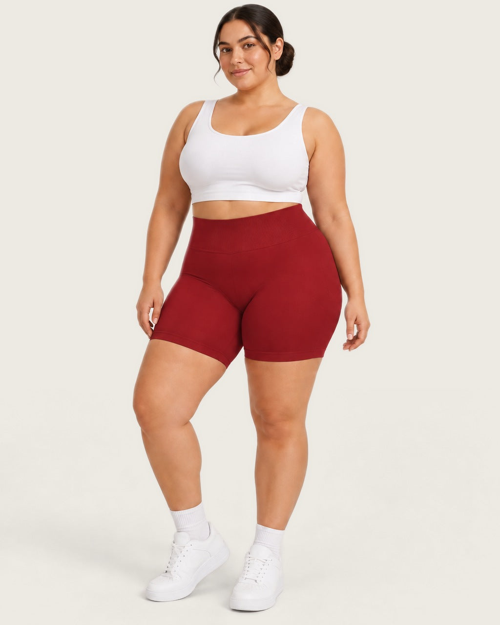 ROMY Sculpt Plus Ruched Shorts in Crimson — front view