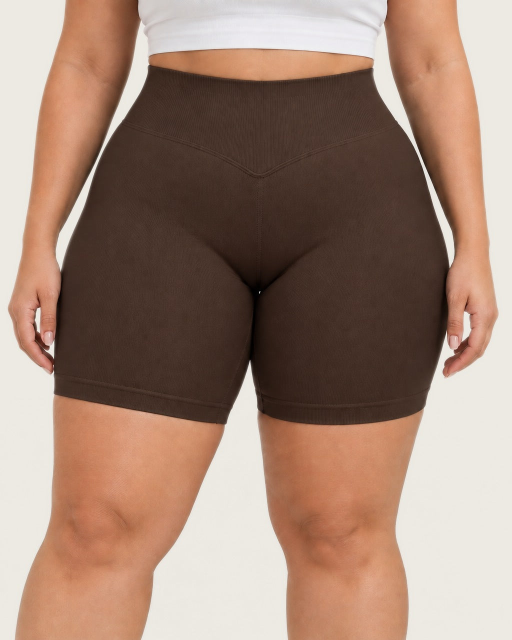 ROMY Sculpt Plus Ruched Shorts in Espresso — product view