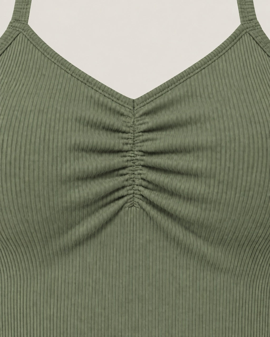 ROMY Sculpt Ruched Cami in Sage — close-up detail