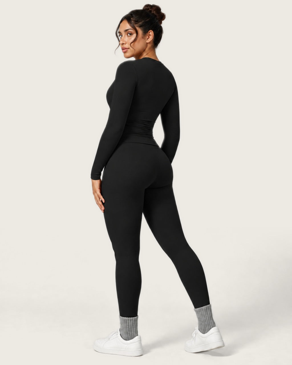 ROMY Studio Long Sleeve Set in Black — three-quarter back view