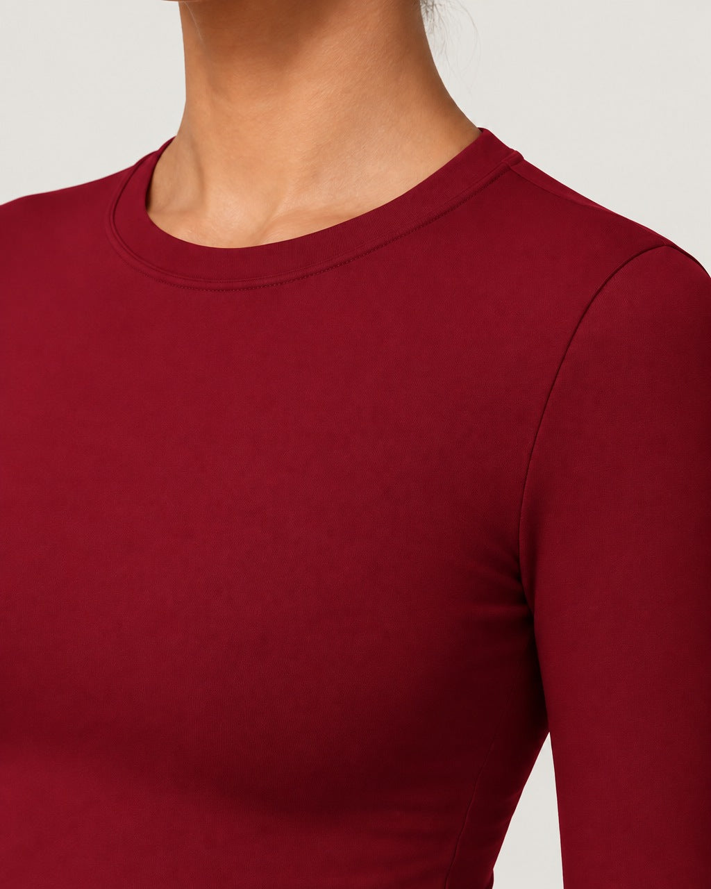 ROMY Studio Long Sleeve Set in Crimson — close-up of waistband and fabric