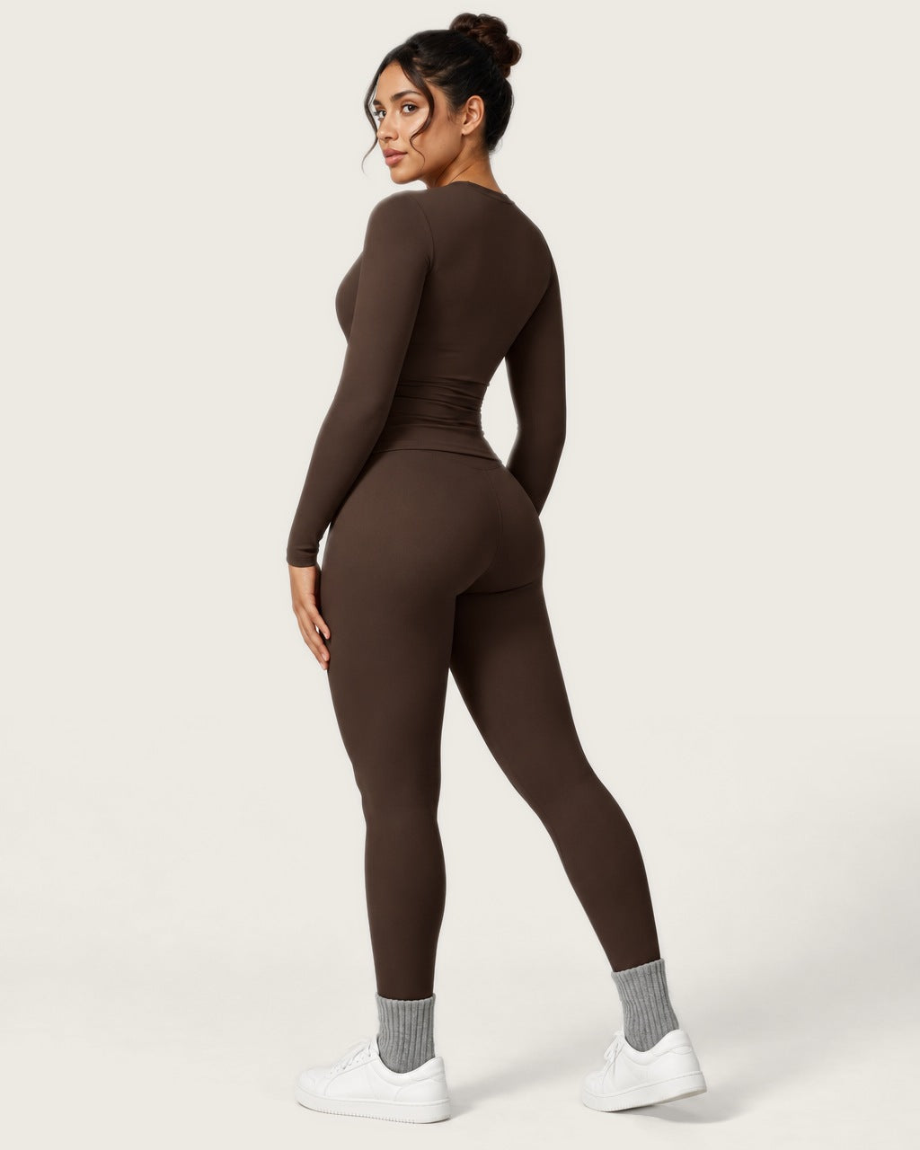 ROMY Studio Long Sleeve Set in Espresso — three-quarter back view