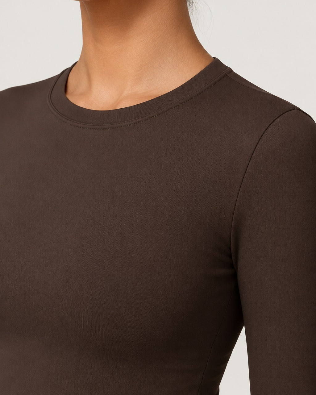 ROMY Studio Long Sleeve Set in Espresso — close-up of waistband and fabric