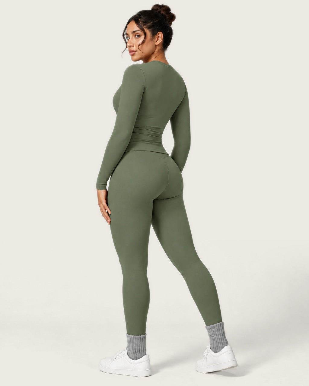 ROMY Studio Long Sleeve Set in Olive — three-quarter back view
