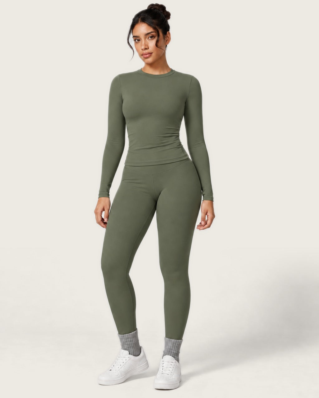 ROMY Studio Long Sleeve Set in Olive — front view