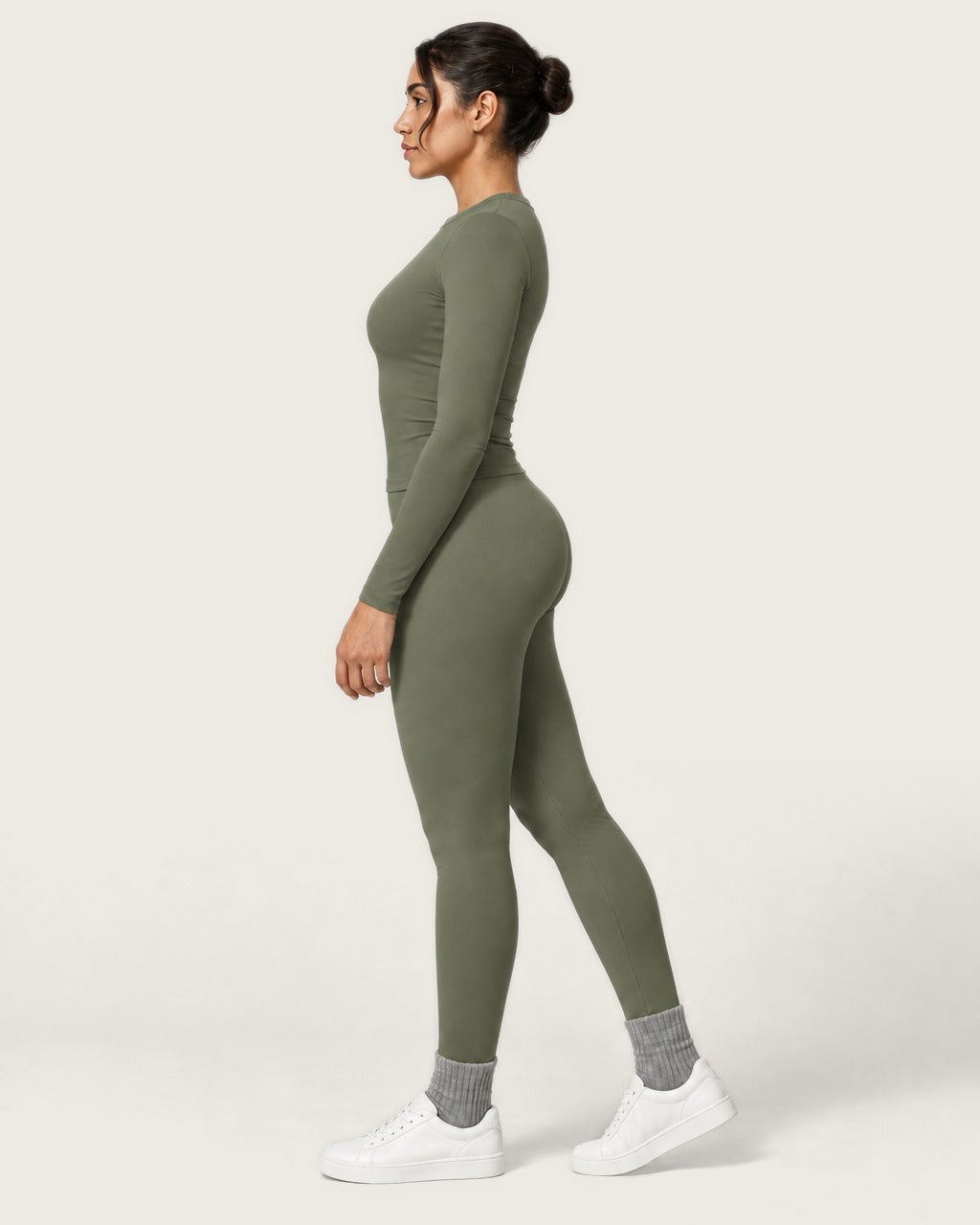 ROMY Studio Long Sleeve Set in Olive — side profile