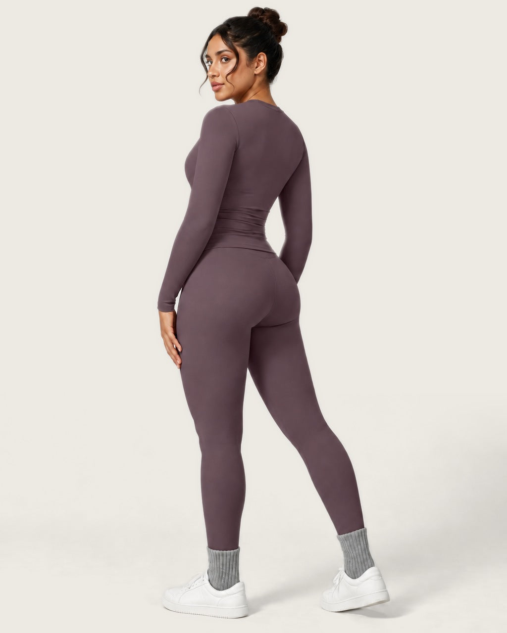 ROMY Studio Long Sleeve Set in Plum — three-quarter back view