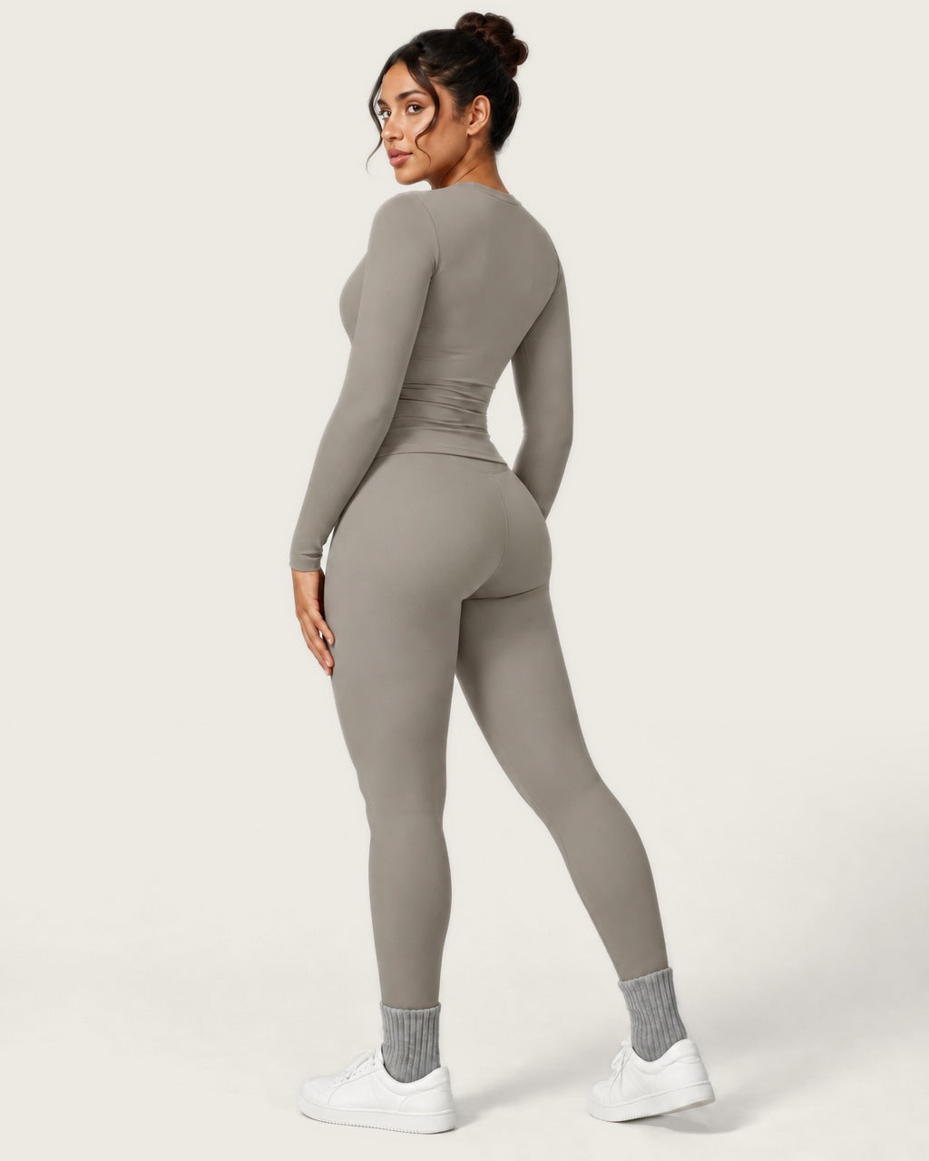 ROMY Studio Long Sleeve Set in Taupe — three-quarter back view