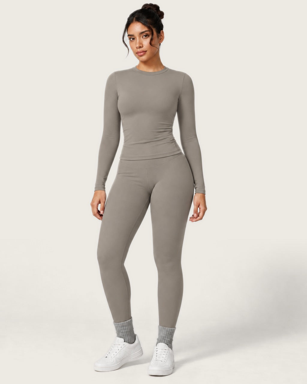 ROMY Studio Long Sleeve Set in Taupe — front view