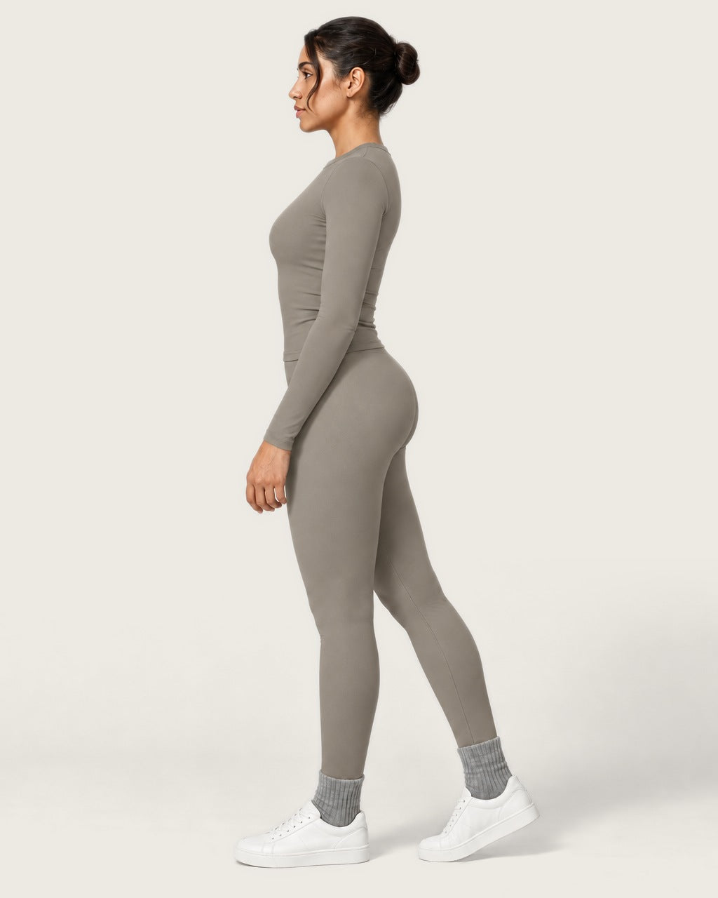 ROMY Studio Long Sleeve Set in Taupe — side profile