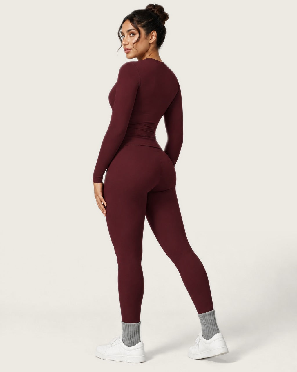 ROMY Studio Long Sleeve Set in Wine — three-quarter back view