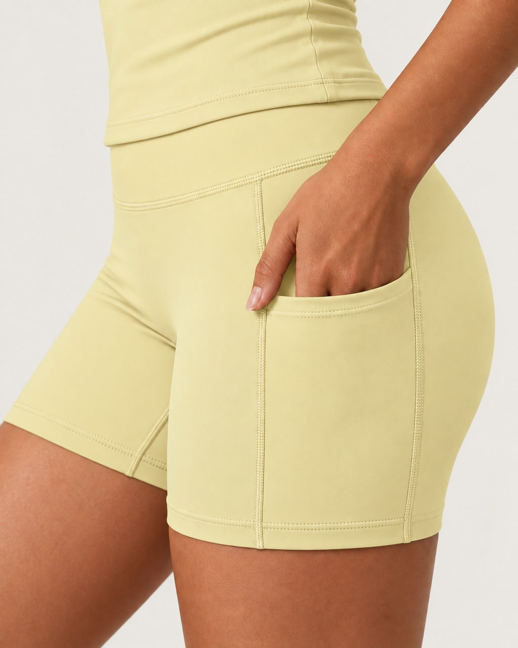 ROMY Studio Pocket Short Set in Butter — close-up of waistband and fabric