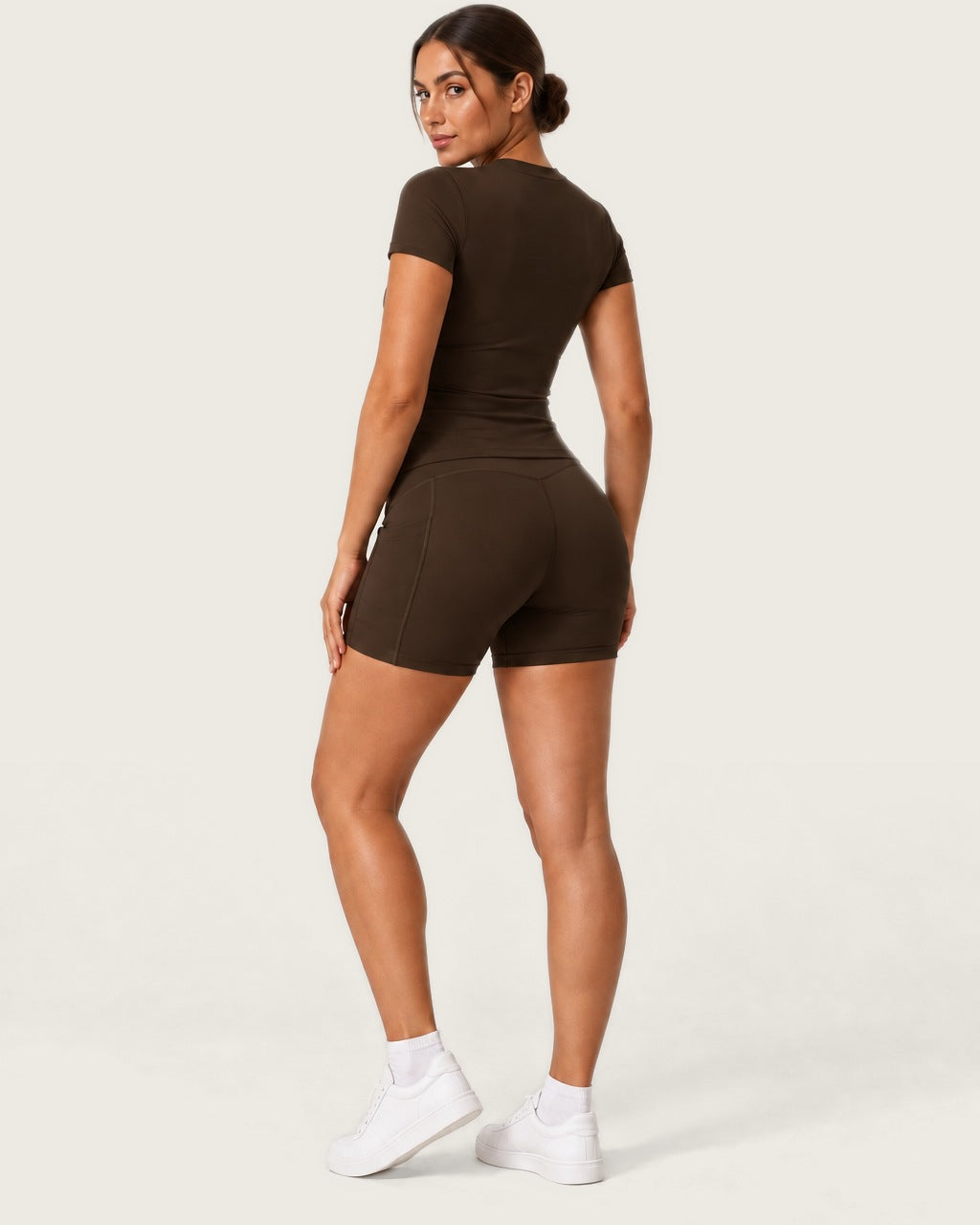 ROMY Studio Pocket Short Set in Espresso — three-quarter back view