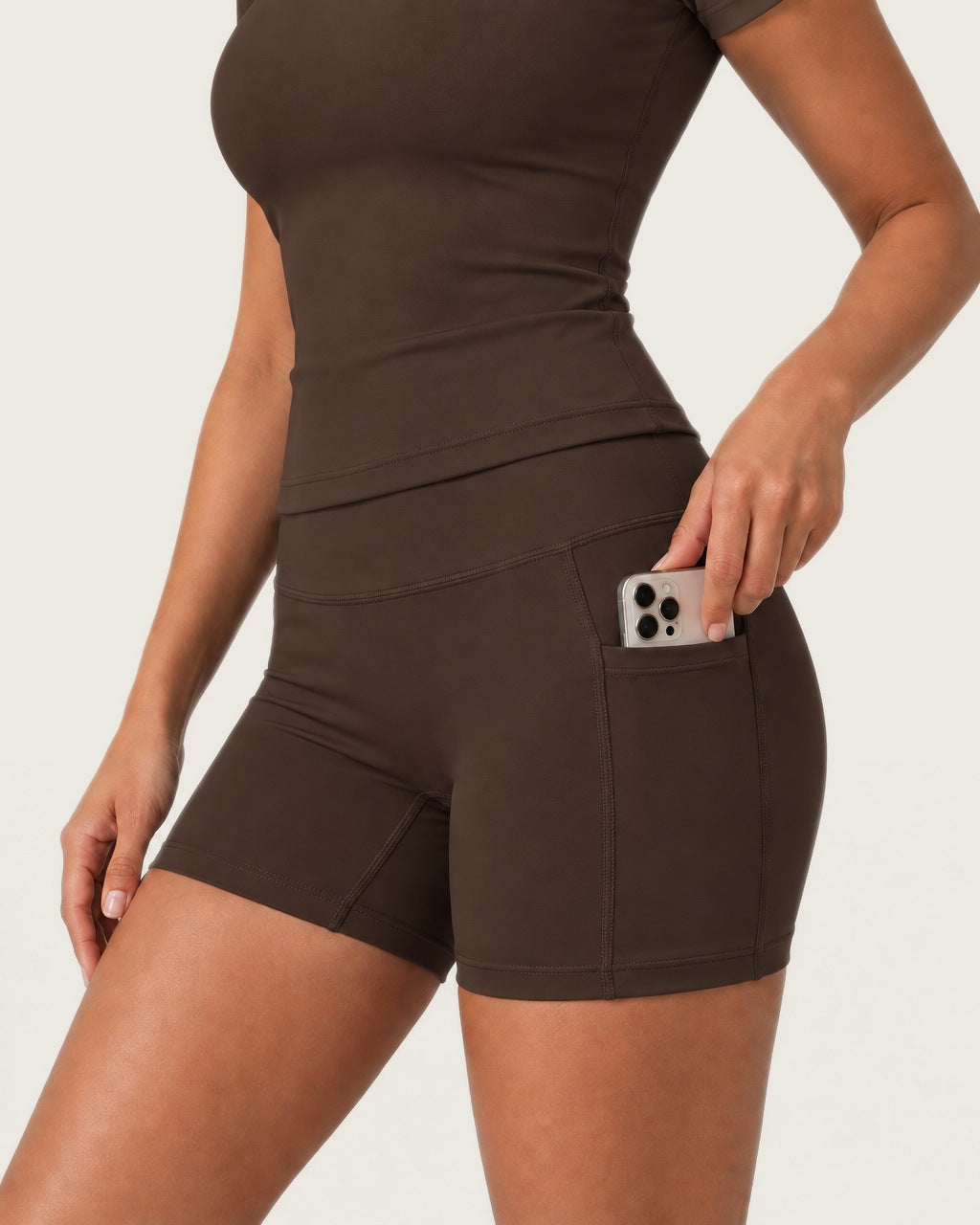 ROMY Studio Pocket Short Set in Espresso — product view
