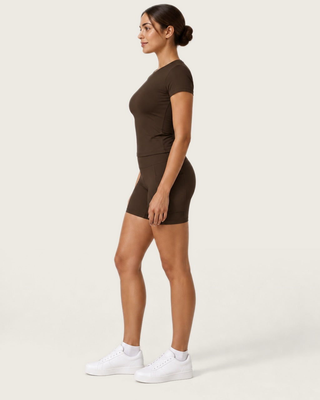 ROMY Studio Pocket Short Set in Espresso — side profile