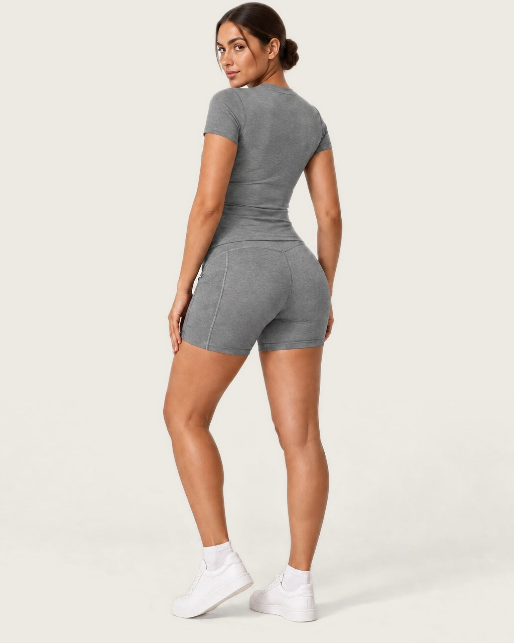ROMY Studio Pocket Short Set in Heather Grey — three-quarter back view