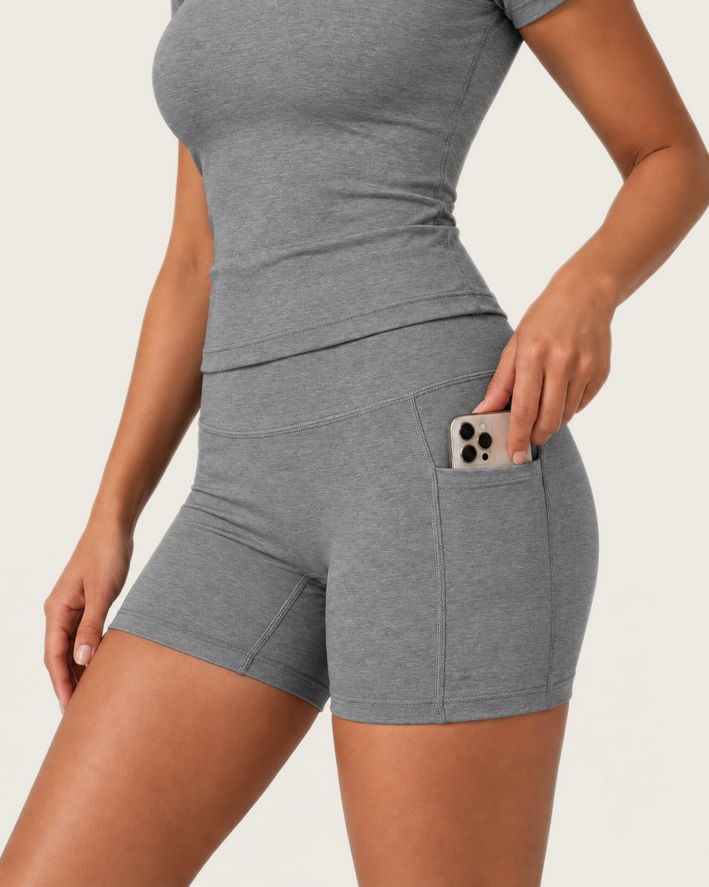 ROMY Studio Pocket Short Set in Heather Grey — product view